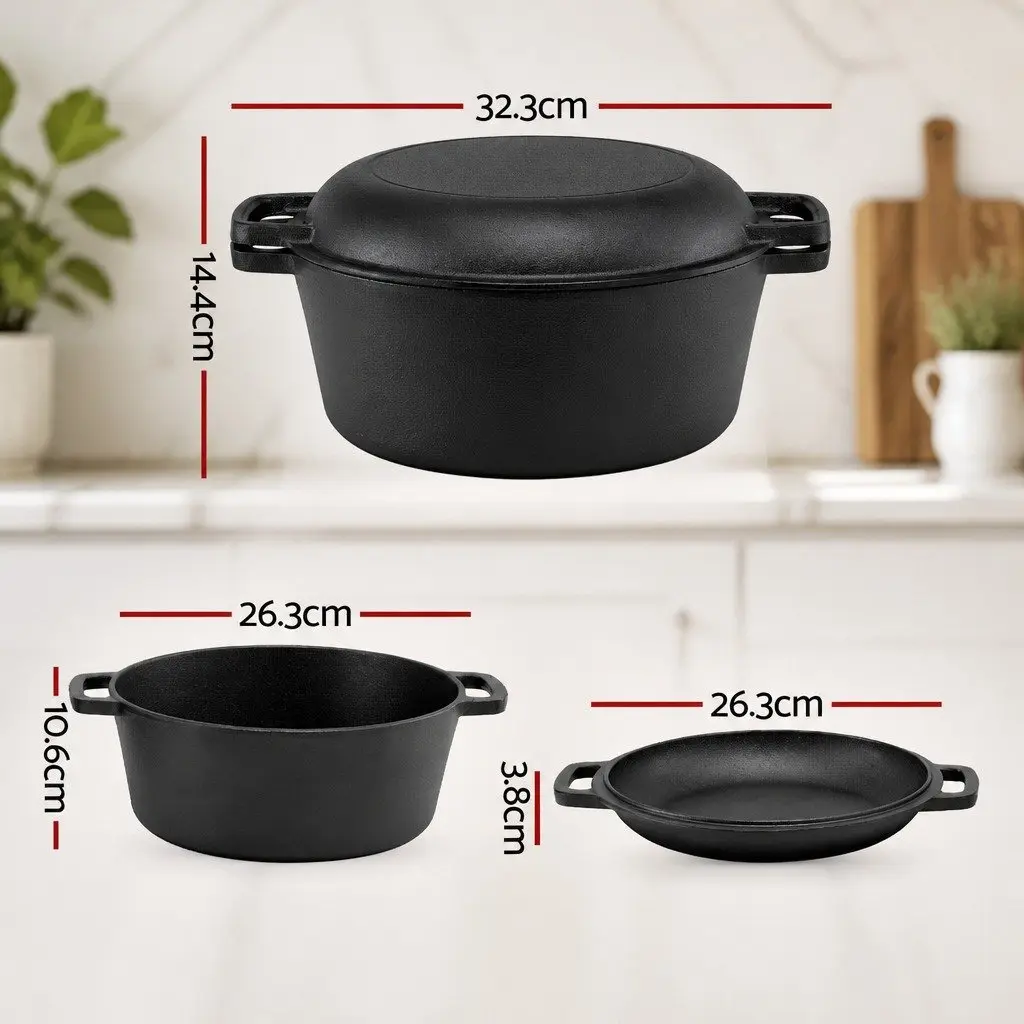 Cast Iron Dutch Oven Pot 5L Pre-seasoned Black Dual Handles 2-in-1 Bread Baking