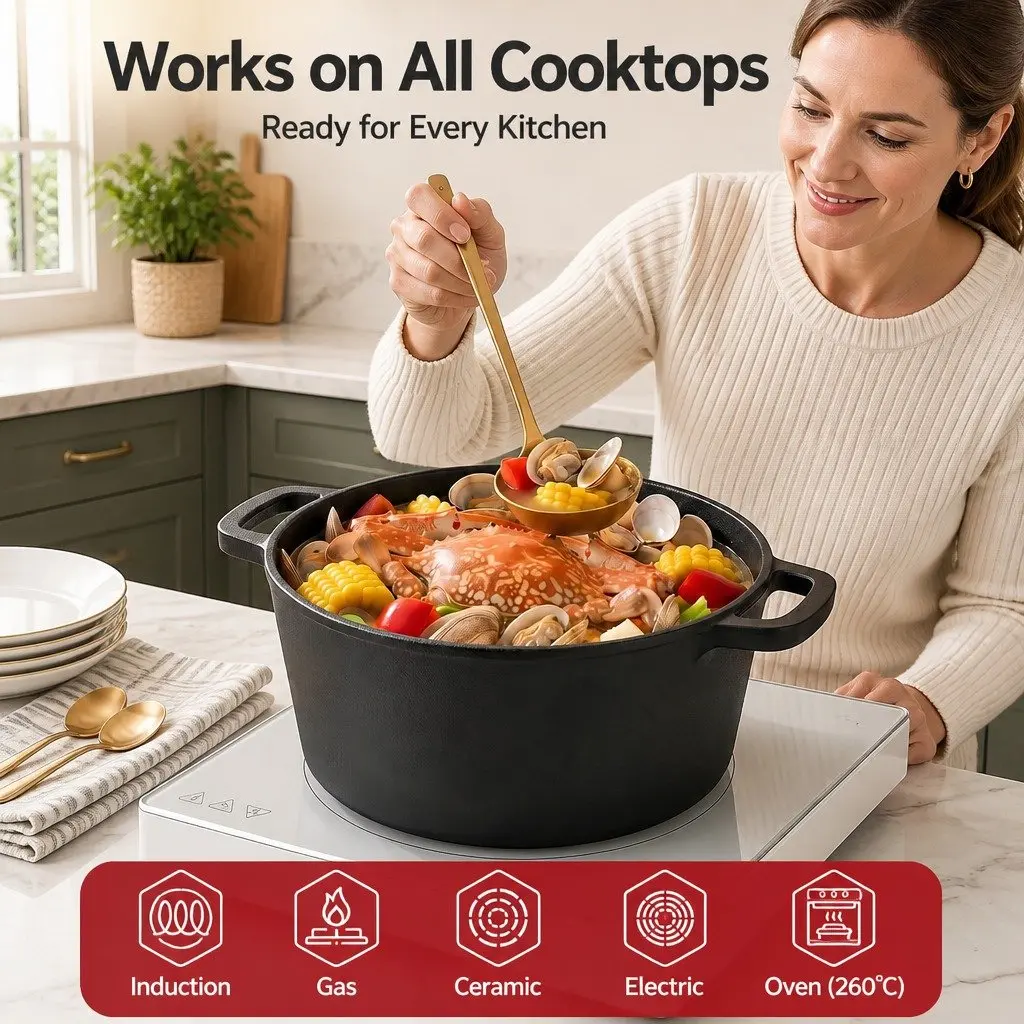 Cast Iron Dutch Oven Pot 5L Pre-seasoned Black Dual Handles 2-in-1 Bread Baking