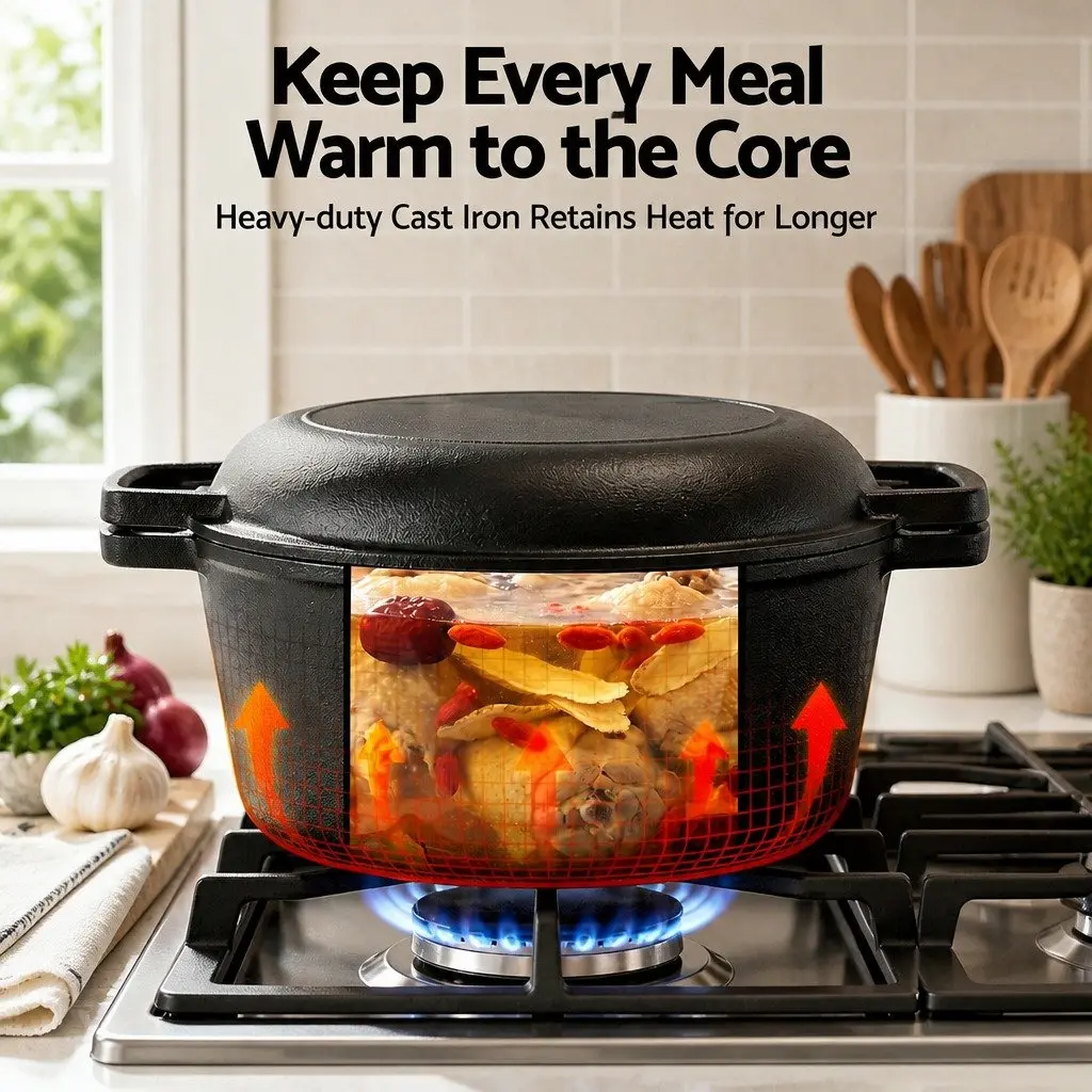 Cast Iron Dutch Oven Pot 5L Pre-seasoned Black Dual Handles 2-in-1 Bread Baking