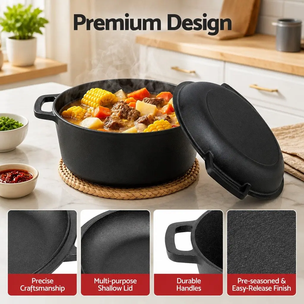 Cast Iron Dutch Oven Pot 5L Pre-seasoned Black Dual Handles 2-in-1 Bread Baking