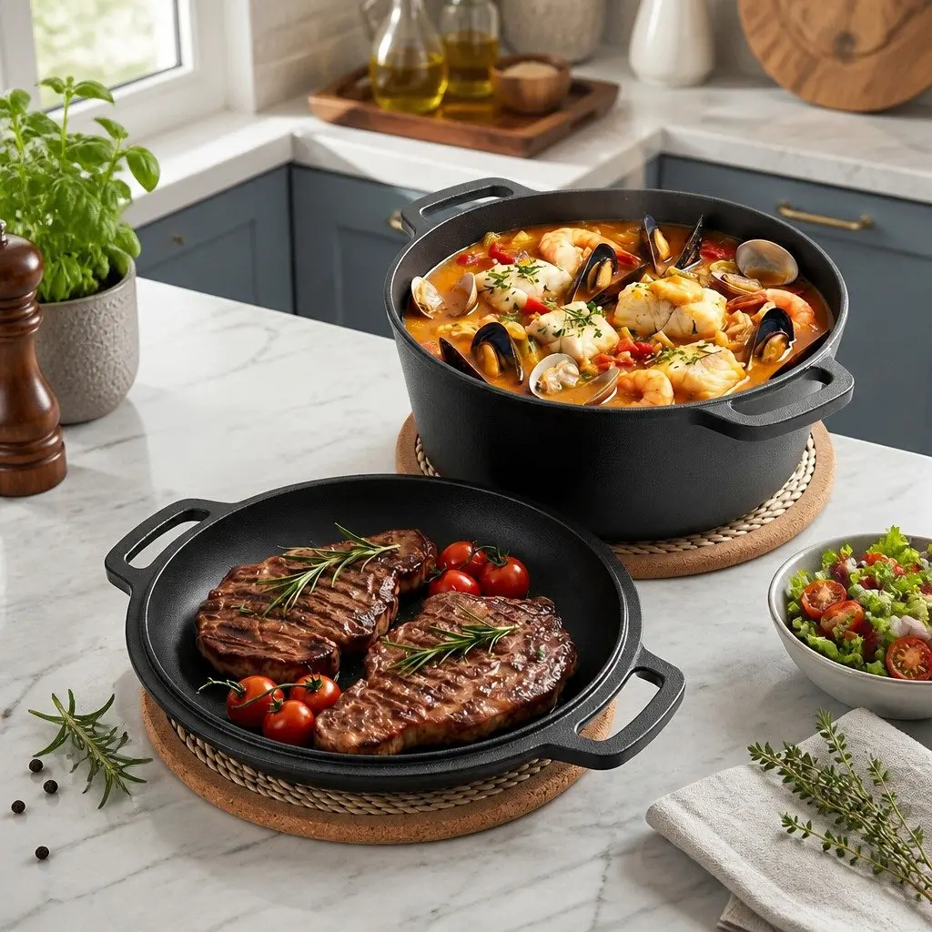 Cast Iron Dutch Oven Pot 5L Pre-seasoned Black Dual Handles 2-in-1 Bread Baking