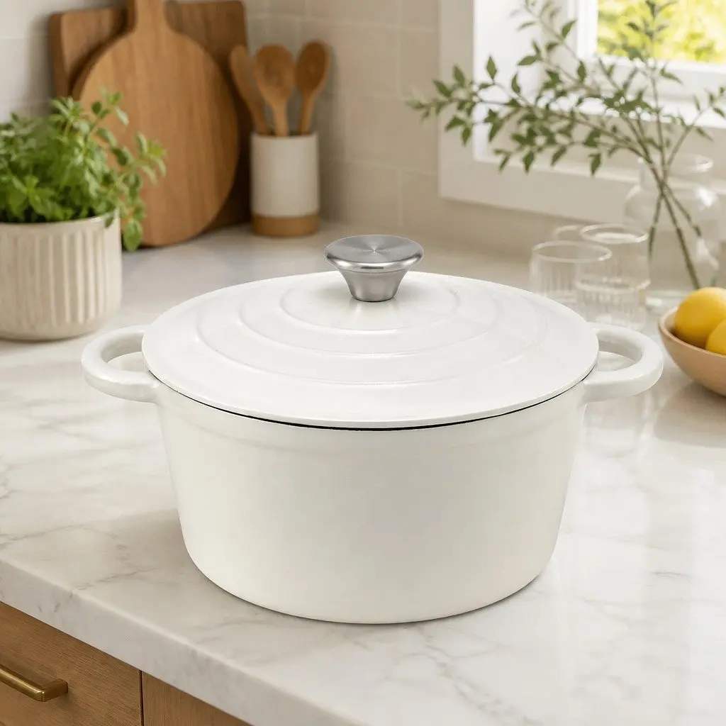 Enameled Cast Iron Dutch Oven 3.8L White for Braising Stewing Roasting Baking