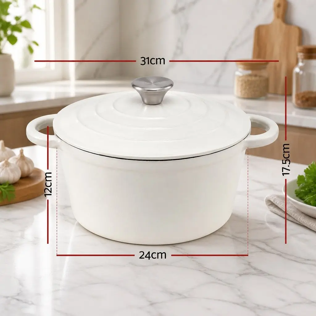 Enameled Cast Iron Dutch Oven 3.8L White for Braising Stewing Roasting Baking
