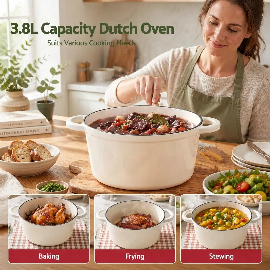 Enameled Cast Iron Dutch Oven 3.8L White for Braising Stewing Roasting Baking