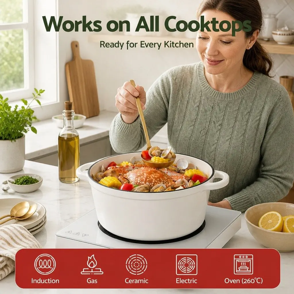 Enameled Cast Iron Dutch Oven 3.8L White for Braising Stewing Roasting Baking