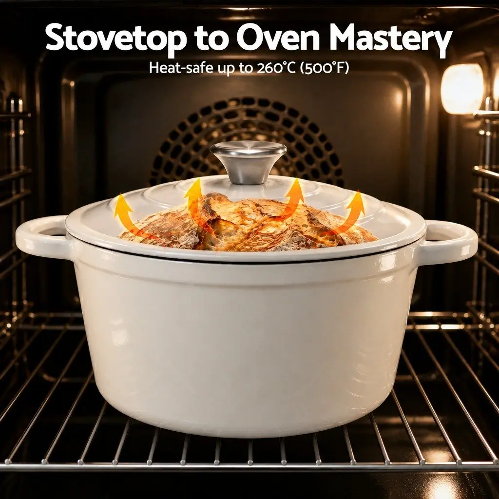 Enameled Cast Iron Dutch Oven 3.8L White for Braising Stewing Roasting Baking