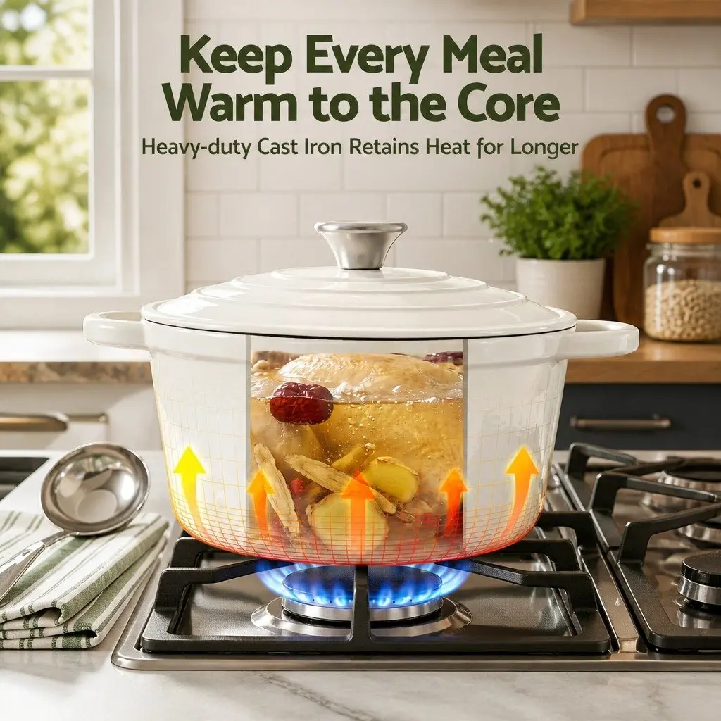 Enameled Cast Iron Dutch Oven 3.8L White for Braising Stewing Roasting Baking