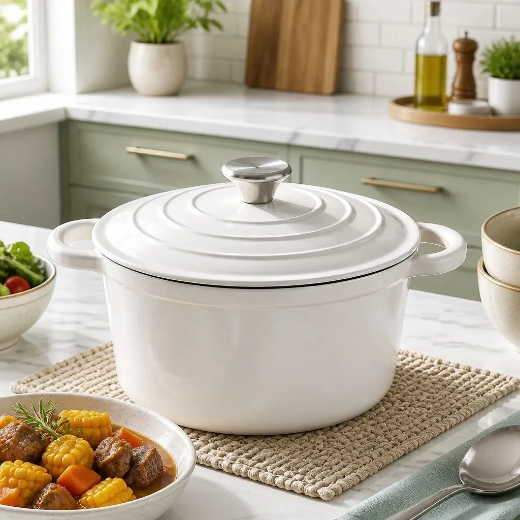 Enameled Cast Iron Dutch Oven 3.8L White for Braising Stewing Roasting Baking