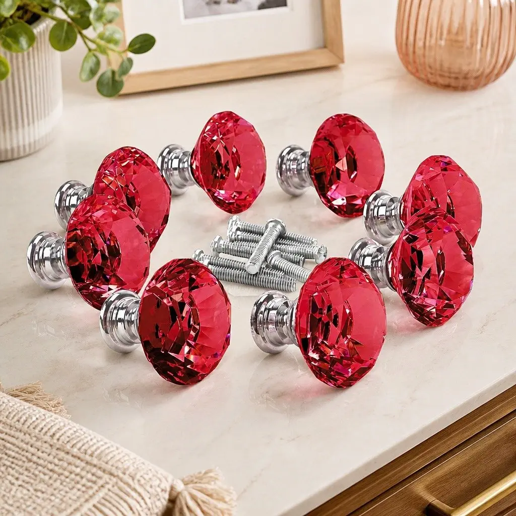16 Pcs Crystal Diamond Cabinet Knobs 30mm Red Drawer Door Wardrobe Hardware