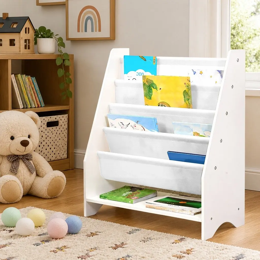Kids Bookshelf 4-Tier Open Shelves Storage Organiser White Non-Woven Fabric