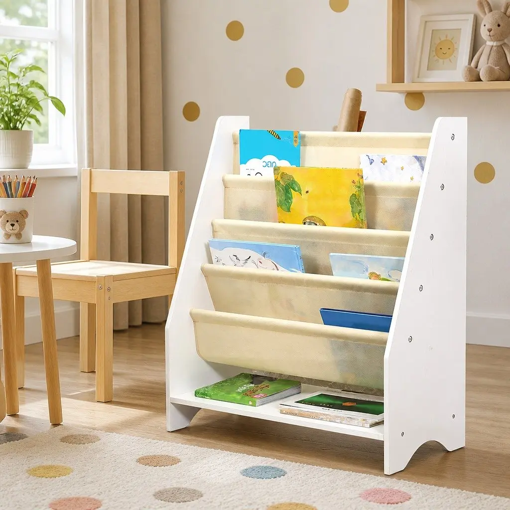 Kids Bookshelf 4-Tier Open Shelves Storage Organiser White Non-Woven Fabric