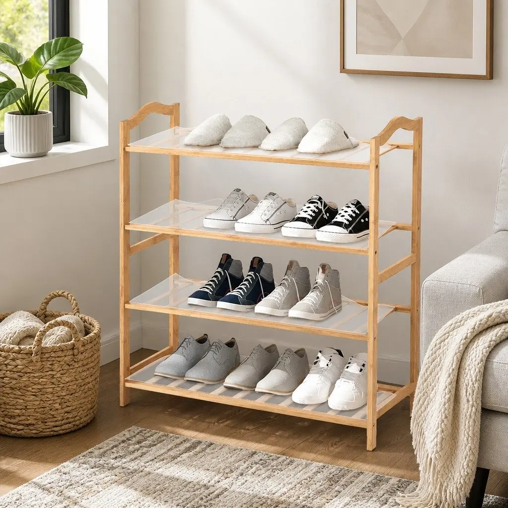 Bamboo Shoe Rack 4 Tier 80cm Wide Natural Wooden Organiser for Hallway Bedroom Storage