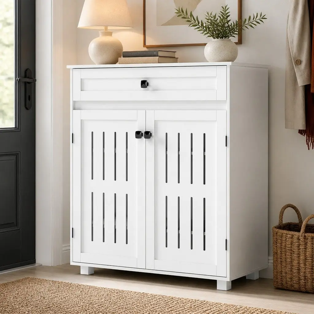 Shoe Cabinet with Louvre Doors White Storage Rack Cupboard Adjustable Shelves