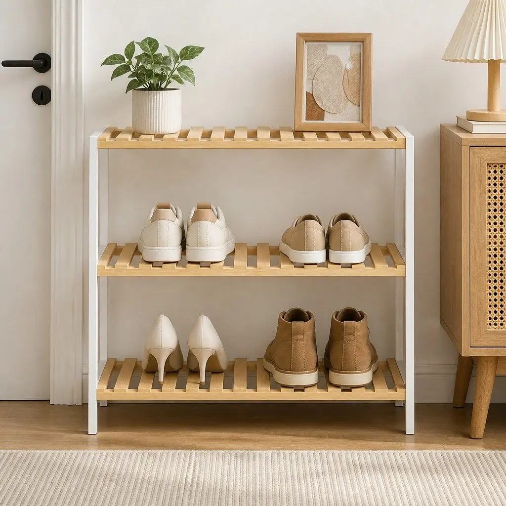 Bamboo Storage Rack 3 Tier Shelf Organiser Natural Bamboo White for Shoes Plants Books