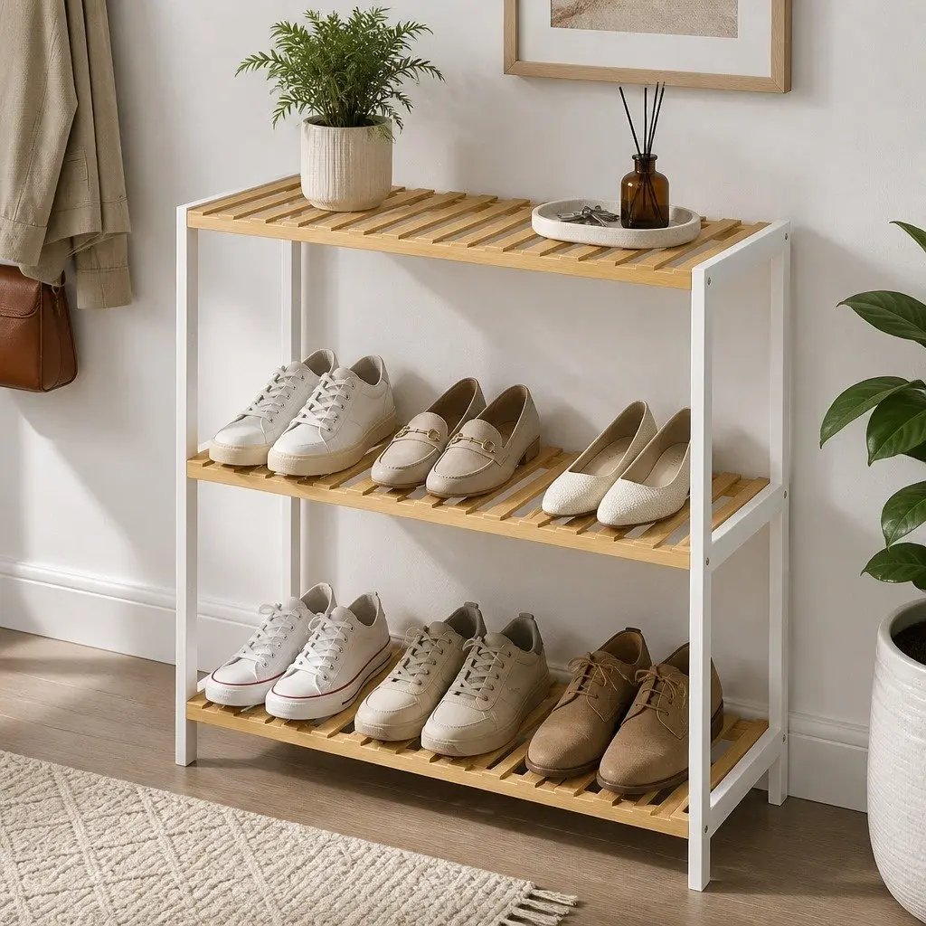 Bamboo Storage Rack 3 Tier Shelf Organiser Natural Bamboo White for Shoes Plants Books