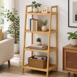 Bamboo Ladder Bookcase 4-Shelf Storage Organiser Rack Plant Display Unit