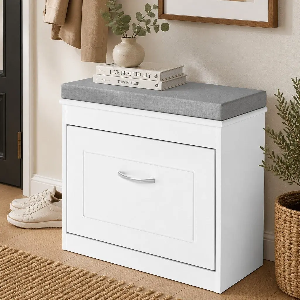 Shoe Rack Storage Cabinet Bench Padded Seat 60cm White