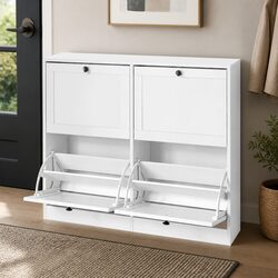 Shoe Cabinet 4 Flip Drawers Vertical Storage Rack Organiser Entryway White