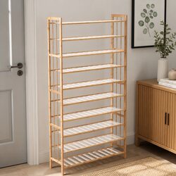 Bamboo Shoe Rack Storage 10 Tier 80cm Wide Wooden Organizer Natural Hallway