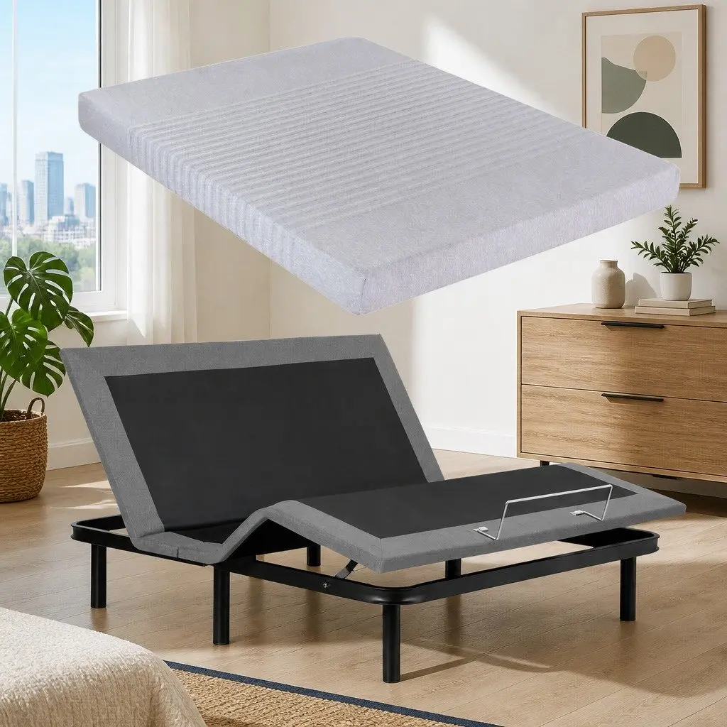 Adjustable Electric Bed Frame with Memory Foam Mattress Set King Size 15cm Thick Black and Grey