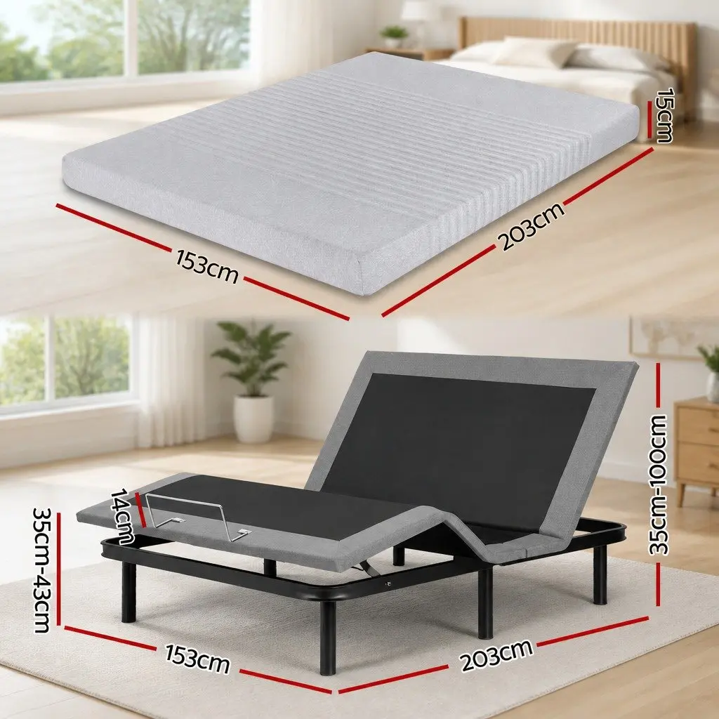 Queen Electric Adjustable Bed Frame with Memory Foam Mattress 15cm Thick Grey Cover