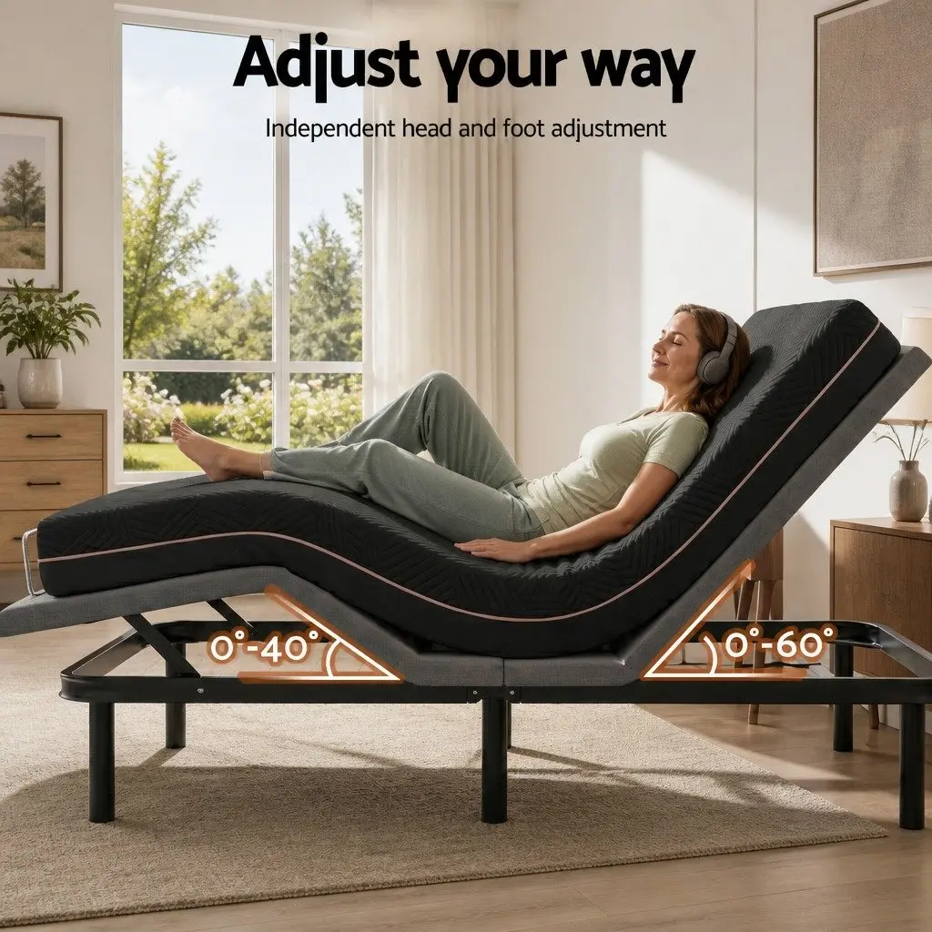 Double Adjustable Bed Frame with Memory Foam Mattress Independent Head Foot Black