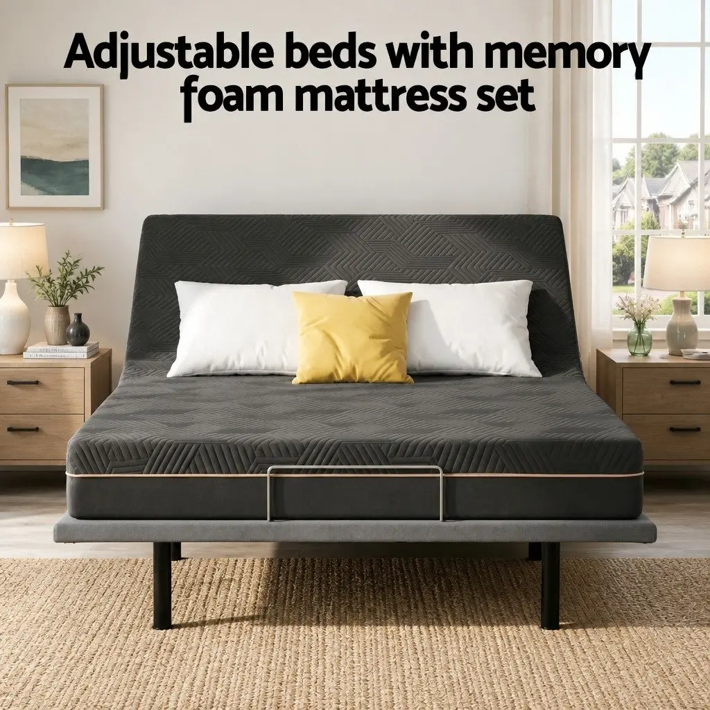 Queen Adjustable Bed Frame with Memory Foam Mattress Combo Electric Base Remote