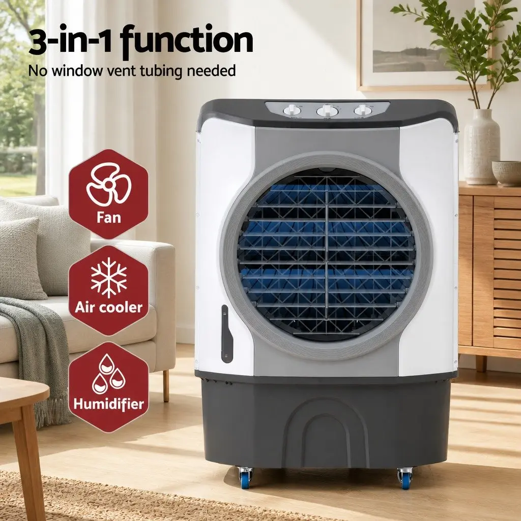 Evaporative Air Cooler 45L Portable Humidifier Purifier 3-in-1 Tower Fan White Blue