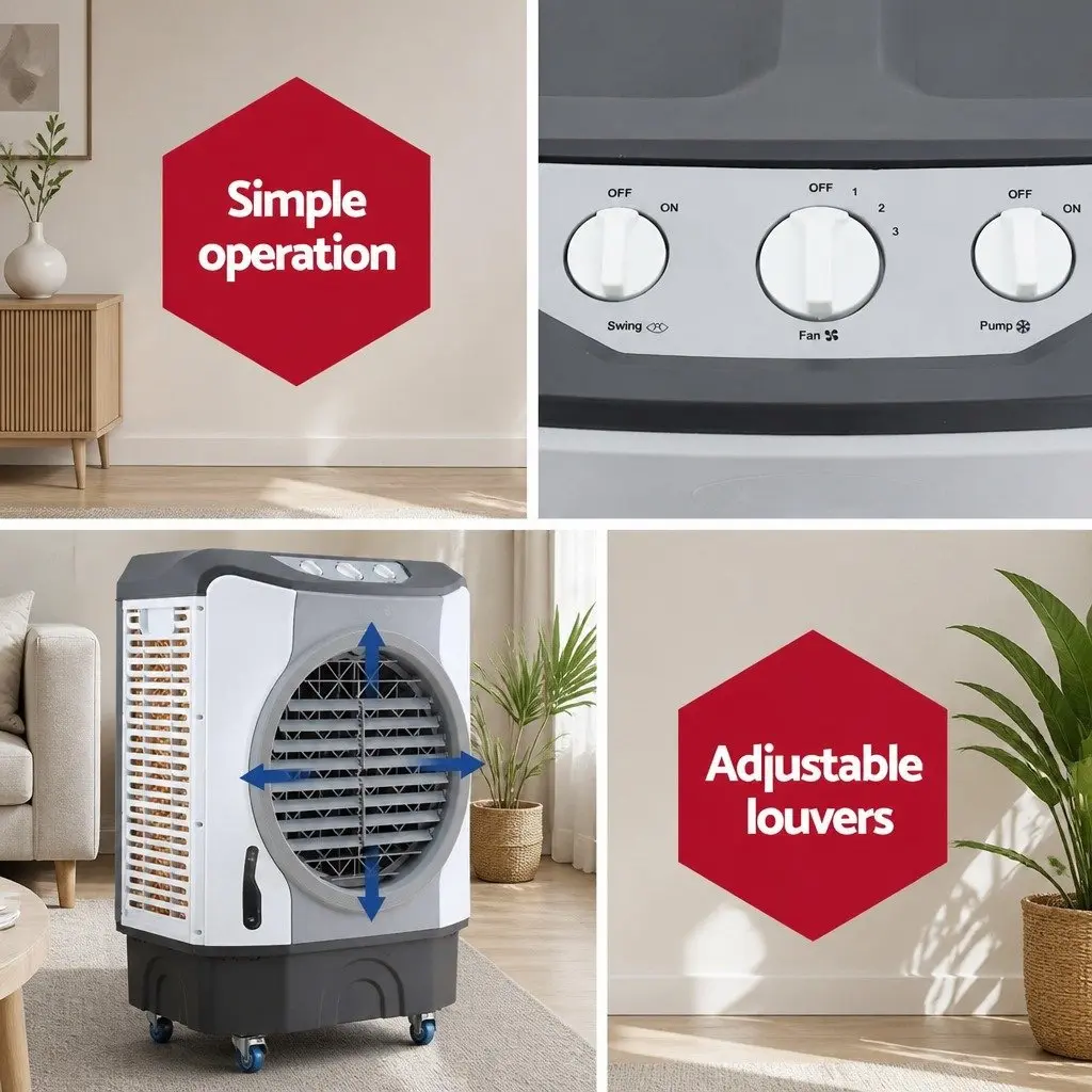 Evaporative Air Cooler 45L Portable Humidifier Purifier 3-in-1 Tower Fan White Blue