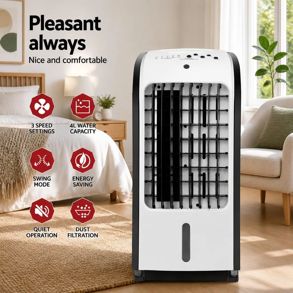 Evaporative Air Cooler 4-in-1 Functions 4L Tank Portable Remote Control Black and White