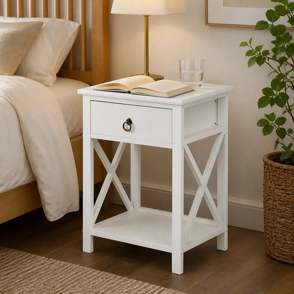 Bedside Table with Drawers Modern Storage Paulownia Wood White