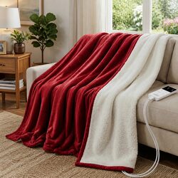 Electric Heated Throw Rug Double Size 200x180cm Burgundy Flannel Sherpa Blanket