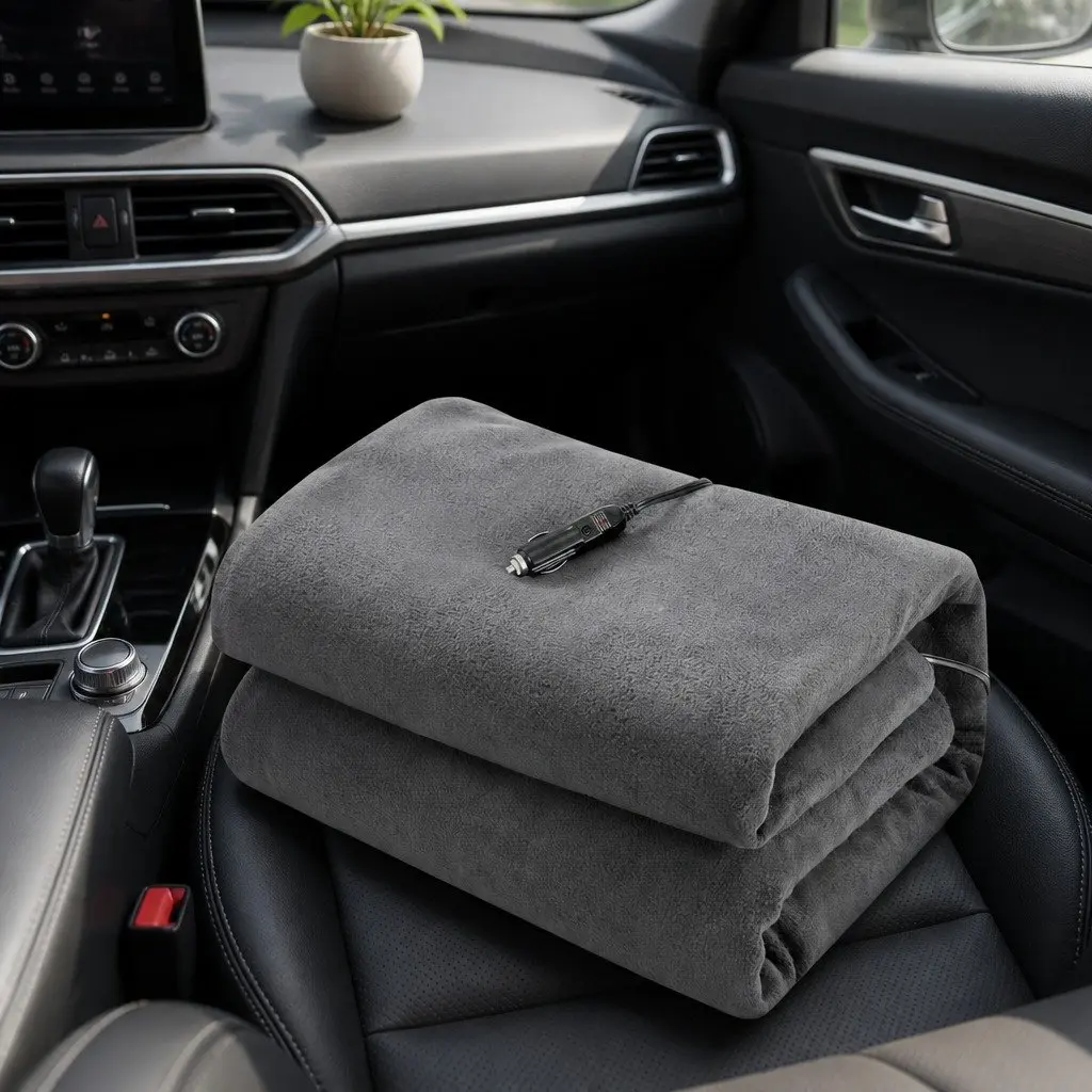 Electric Car Blanket 12V DC Heated Grey Polyester Fleece 150cm x 110cm