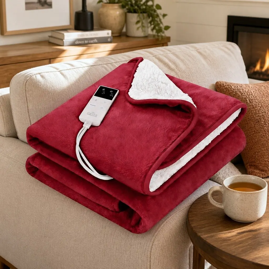 Electric Heated Throw Rug Double-Sided Flannel Sherpa Blanket Burgundy 160cm x 130cm
