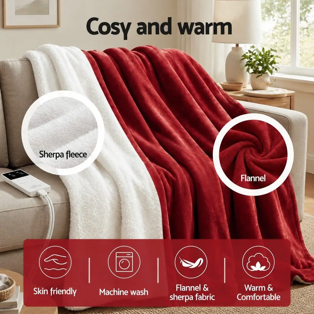 Electric Heated Throw Rug Double-Sided Flannel Sherpa Blanket Burgundy 160cm x 130cm