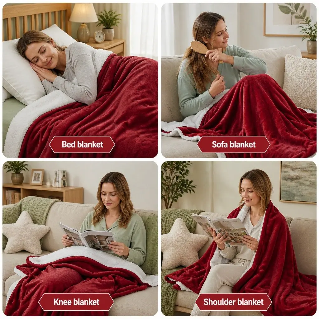 Electric Heated Throw Rug Double-Sided Flannel Sherpa Blanket Burgundy 160cm x 130cm