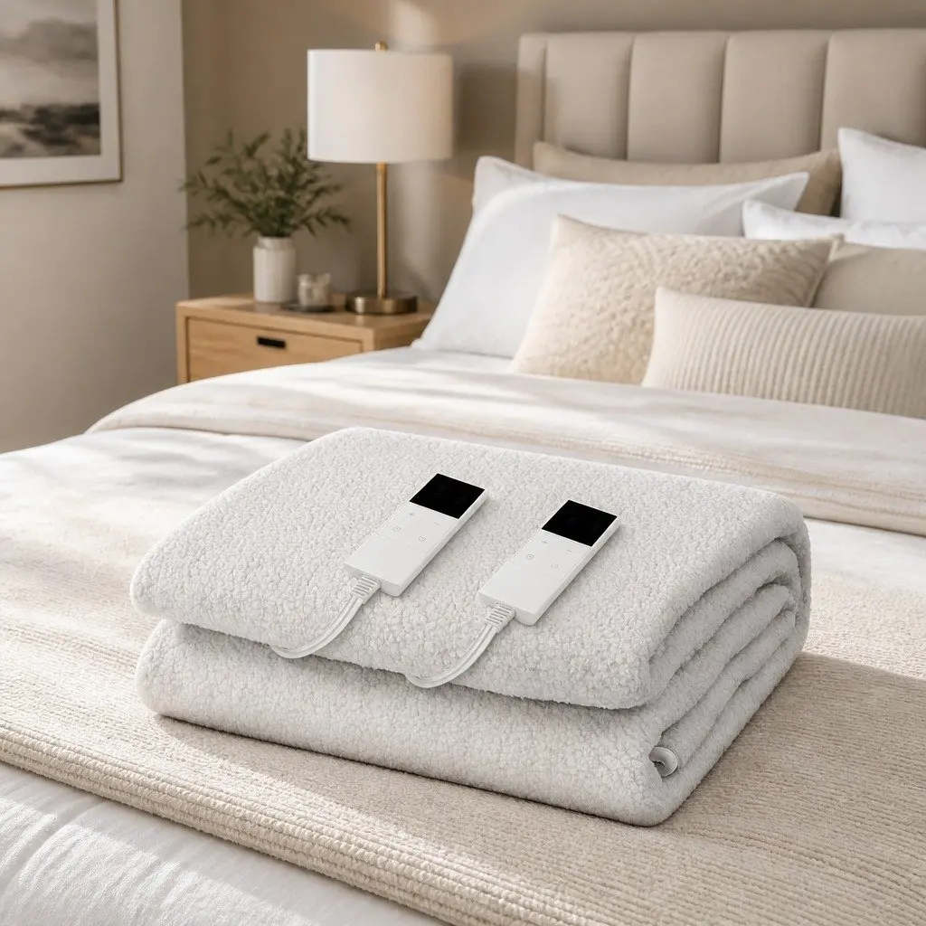 Queen Size Electric Blanket Fully Fitted Fleecy Fabric Heated Bedding White