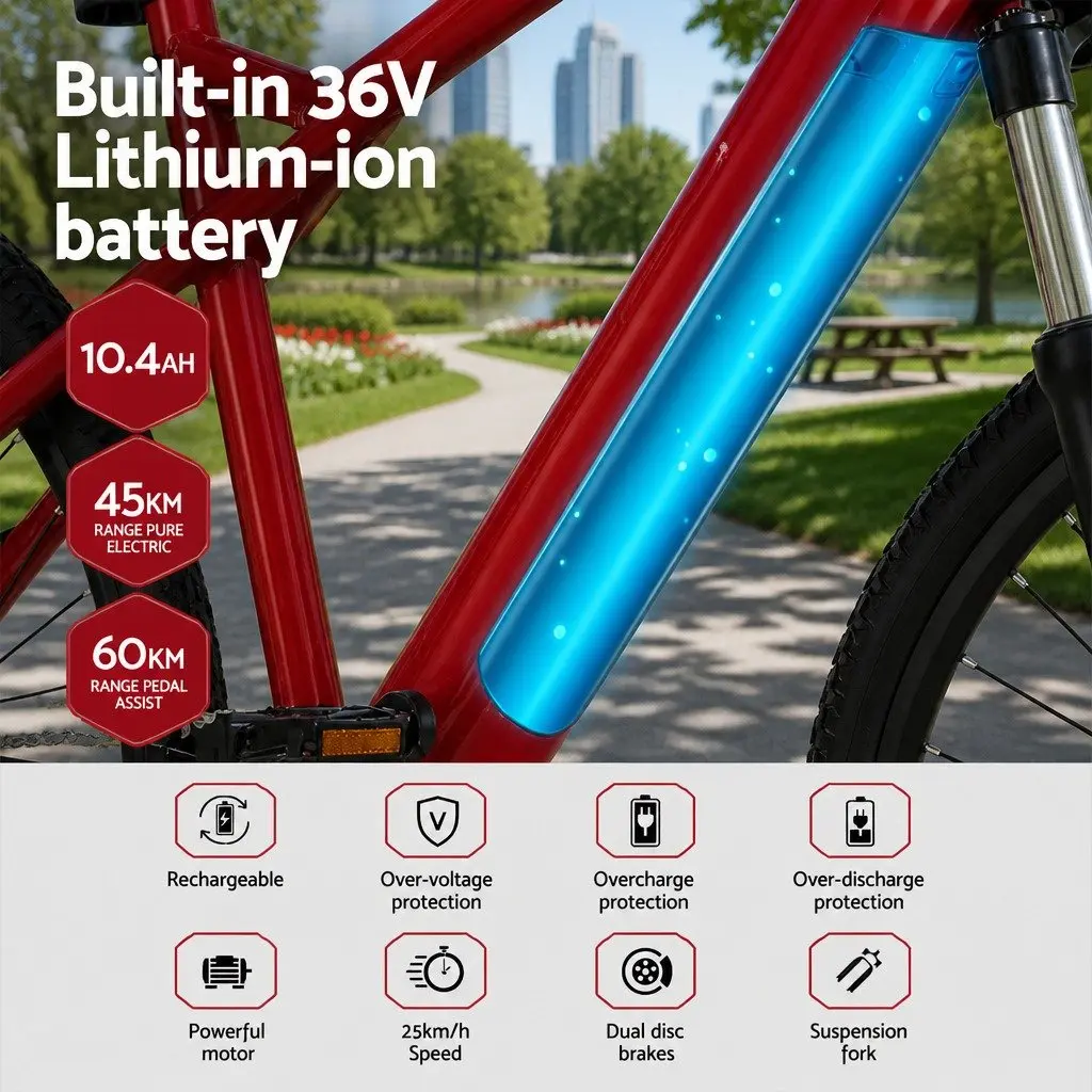 26 Inch Electric Mountain Bike eBike 250W Motor 36V Li-ion Battery Red