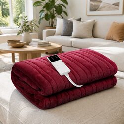 Electric Heated Throw Blanket Fleece 160cm x 130cm Burgundy Couch Sofa Rug