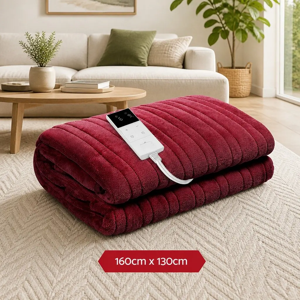 Electric Heated Throw Blanket High-Density Coral Fleece 160cm x 130cm Burgundy