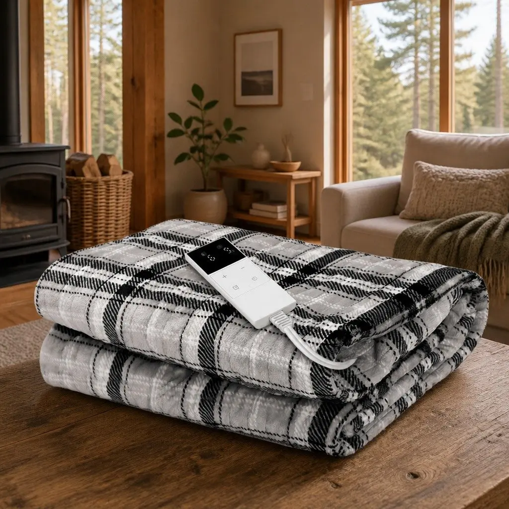Electric Throw Blanket Heated Flannel Rug 160cm x 130cm Grey White Washable