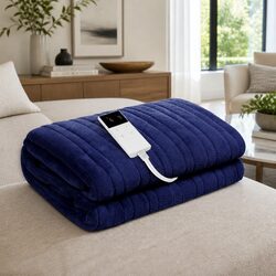 Electric Throw Blanket Navy Blue Heated Rug Sofa Couch Warm Fleece 9 Levels