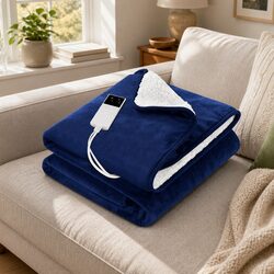 Electric Heated Throw Rug Blanket Washable Flannel Sherpa Navy Blue Winter Cosy
