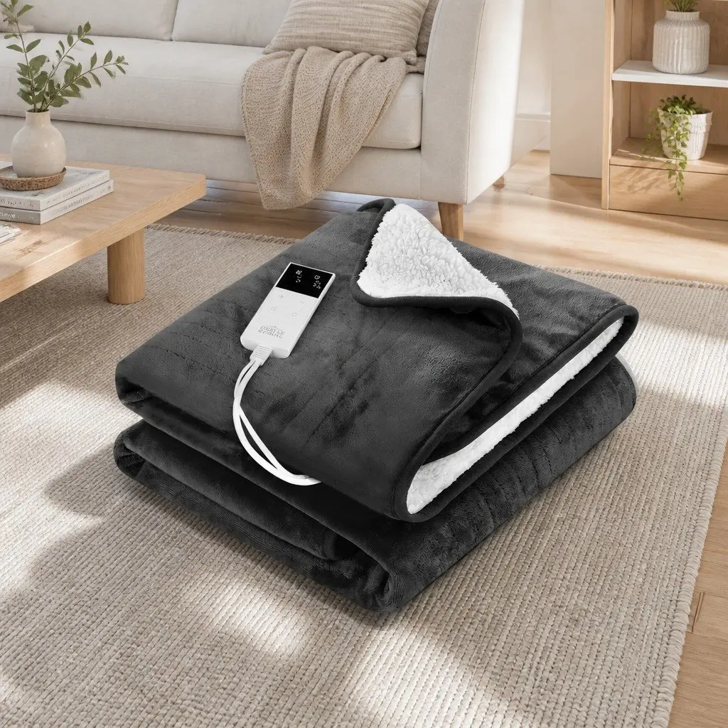 Electric Throw Rug Heated Blanket Flannel Sherpa 160x130cm Grey