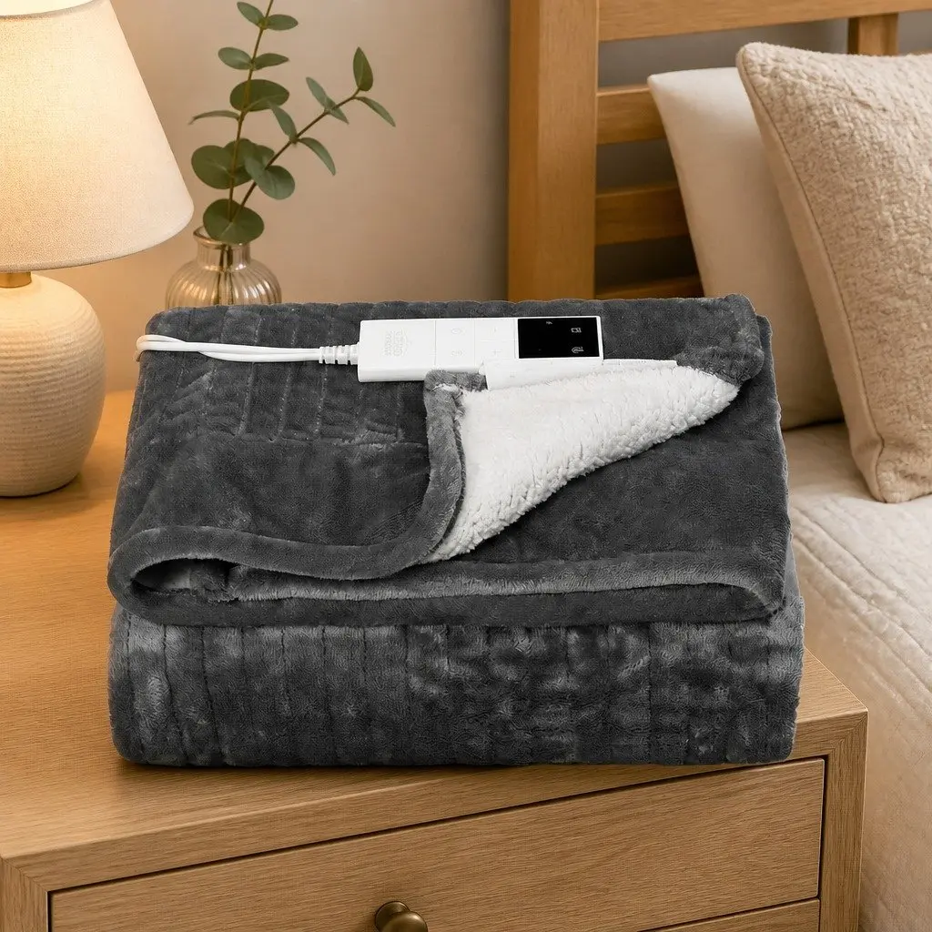 Electric Throw Rug Heated Blanket Flannel Sherpa 160x130cm Grey