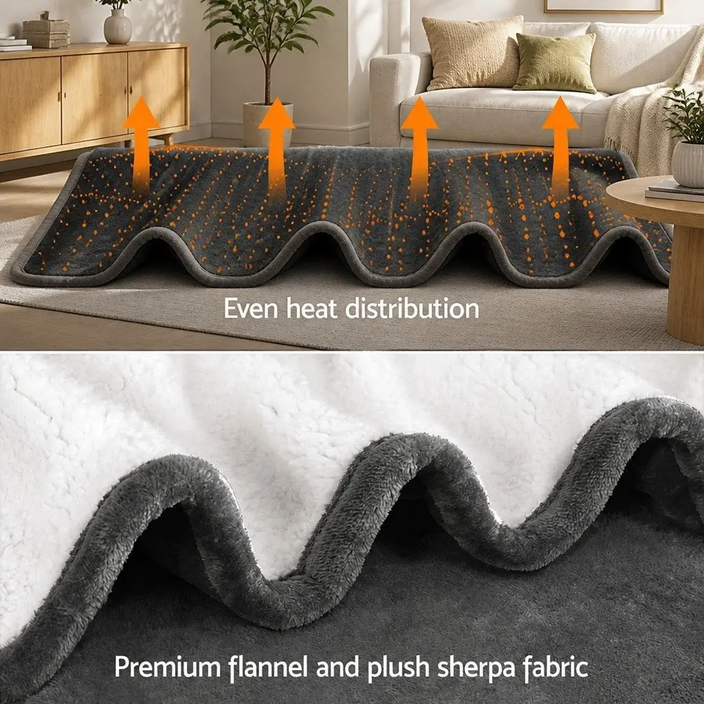 Electric Throw Rug Heated Blanket Flannel Sherpa 160x130cm Grey