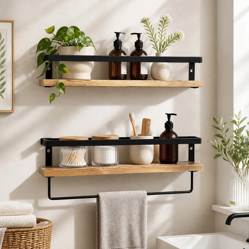 Floating Shelf Brackets Metal Rail Industrial Style Wall Mount Storage Natural Wood 40cm x 15cm x 6.8cm