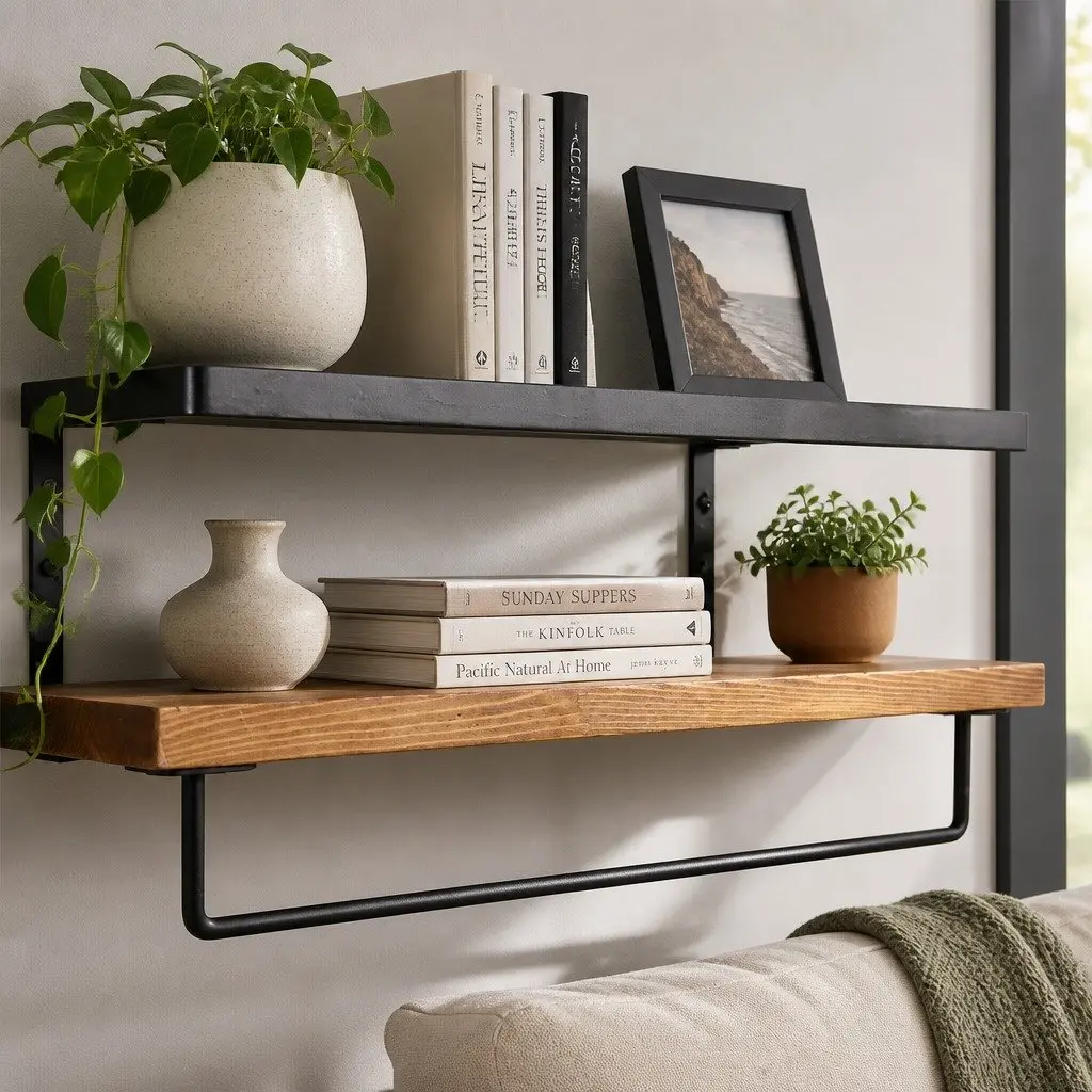 Floating Shelf Brackets Metal Rail Industrial Style Wall Mount Storage Natural Wood 40cm x 15cm x 6.8cm