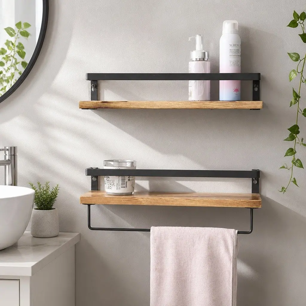Floating Shelf Brackets Metal Rail Industrial Style Wall Mount Storage Natural Wood 40cm x 15cm x 6.8cm