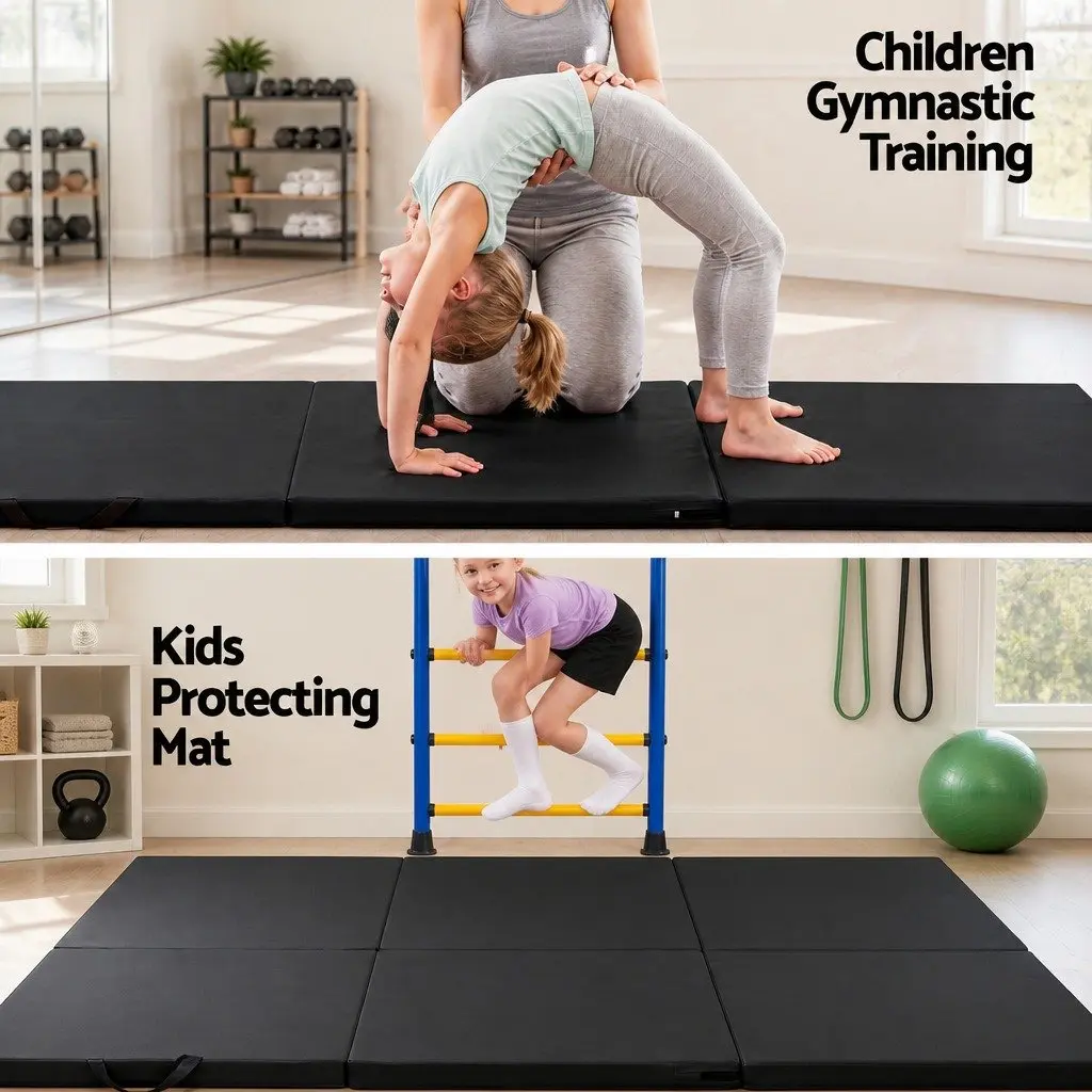 Gymnastics Mat Folding Exercise Floor Mat Portable 3 Fold Tumbling Mat Black